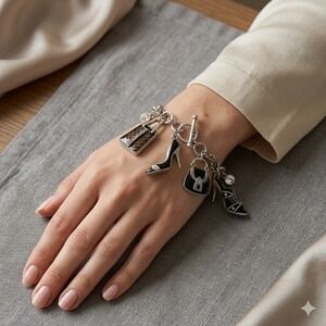 Silver Tone Fashion Charm Bracelet Black Enamel Heels Handbags Toggle Clasp 8in